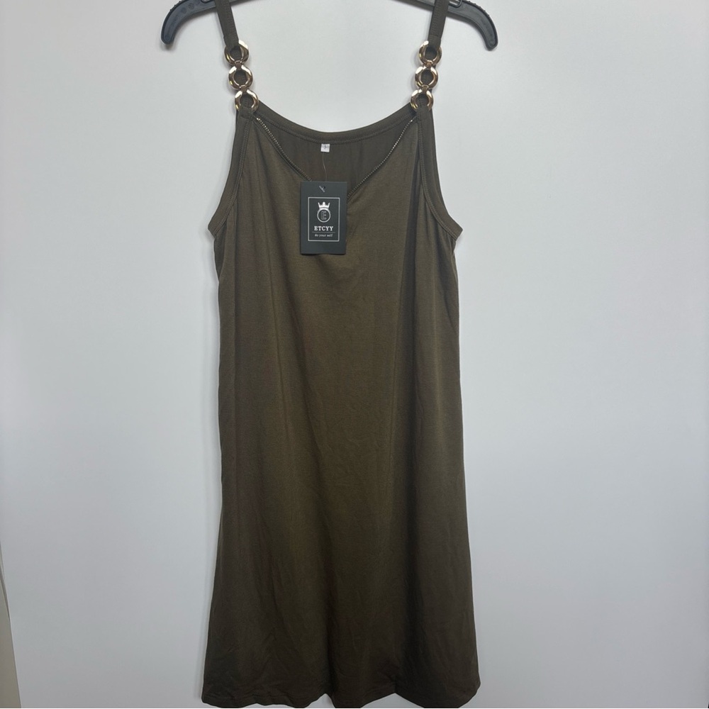 Etcyy Dress Women Size L Shift Short V-Neck Zipper Sleeveless Cotton, Army Green